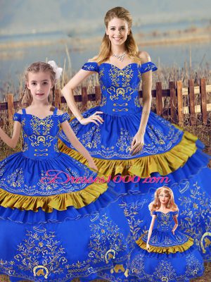 Sleeveless Floor Length Embroidery Lace Up 15 Quinceanera Dress with Blue