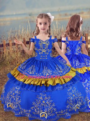 Sleeveless Floor Length Embroidery Lace Up 15 Quinceanera Dress with Blue