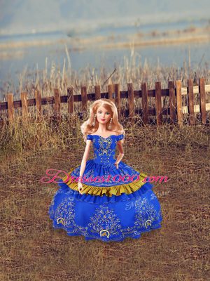 Sleeveless Floor Length Embroidery Lace Up 15 Quinceanera Dress with Blue