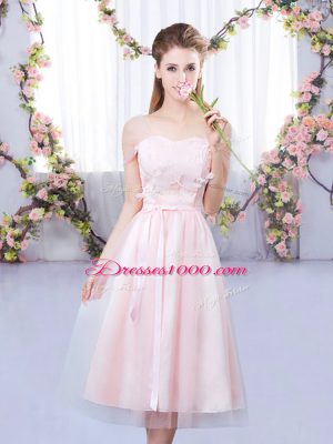 Colorful Sweetheart Short Sleeves Dama Dress Tea Length Lace and Belt Baby Pink Tulle