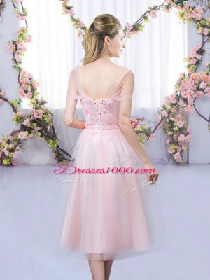 Colorful Sweetheart Short Sleeves Dama Dress Tea Length Lace and Belt Baby Pink Tulle