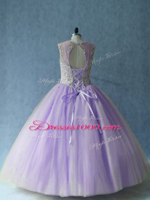 Custom Fit Sleeveless Tulle Floor Length Lace Up Sweet 16 Quinceanera Dress in Lavender with Beading