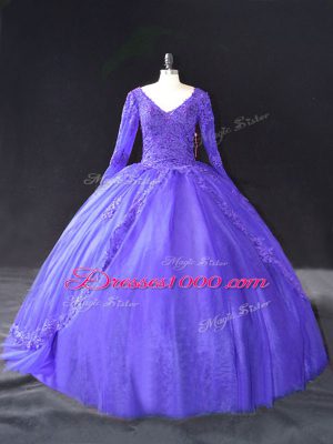 Floor Length Purple Sweet 16 Dresses V-neck Long Sleeves Lace Up