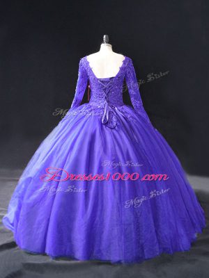 Floor Length Purple Sweet 16 Dresses V-neck Long Sleeves Lace Up