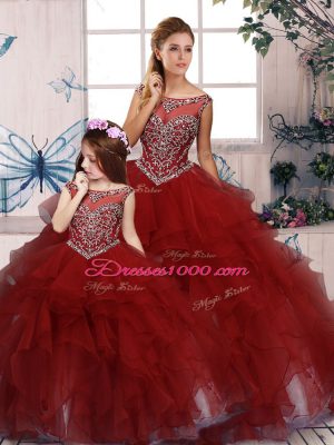 Floor Length Burgundy Sweet 16 Dresses Organza Sleeveless Beading and Ruffles