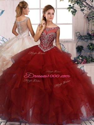 Floor Length Burgundy Sweet 16 Dresses Organza Sleeveless Beading and Ruffles