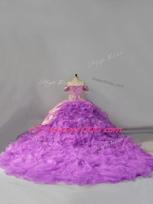 Classical Sleeveless Organza Chapel Train Lace Up Quinceanera Dress in Lavender with Beading and Embroidery and Ruffles