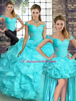 Top Selling Aqua Blue Quinceanera Dress Military Ball and Sweet 16 and Quinceanera with Beading and Ruffles Off The Shoulder Sleeveless Lace Up