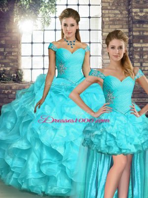 Top Selling Aqua Blue Quinceanera Dress Military Ball and Sweet 16 and Quinceanera with Beading and Ruffles Off The Shoulder Sleeveless Lace Up