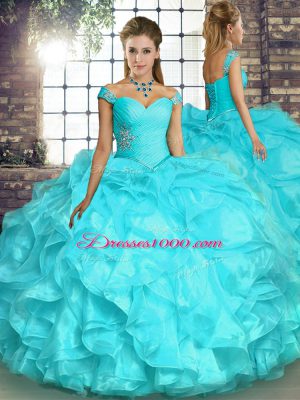 Top Selling Aqua Blue Quinceanera Dress Military Ball and Sweet 16 and Quinceanera with Beading and Ruffles Off The Shoulder Sleeveless Lace Up