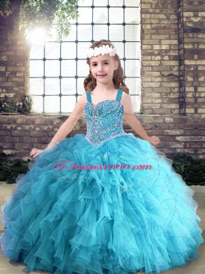 Aqua Blue Ball Gowns Tulle Straps Sleeveless Beading and Ruffles Floor Length Lace Up Kids Formal Wear