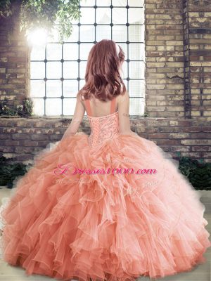 Aqua Blue Ball Gowns Tulle Straps Sleeveless Beading and Ruffles Floor Length Lace Up Kids Formal Wear