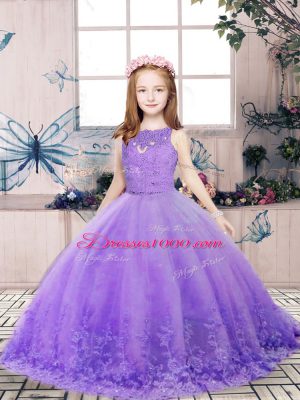 Best Sleeveless Floor Length Lace and Appliques Backless Teens Party Dress with Lavender