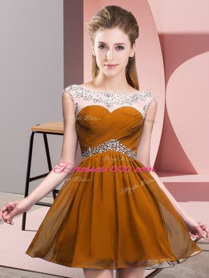 Brown Prom Evening Gown Prom and Party with Beading and Ruching Scoop Sleeveless Backless