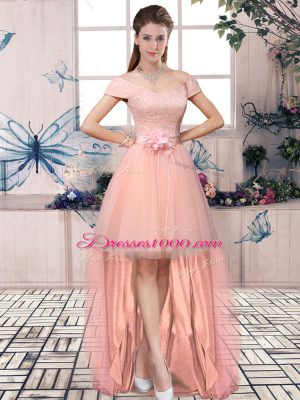 A-line Party Dress Wholesale Pink Off The Shoulder Tulle Short Sleeves High Low Lace Up