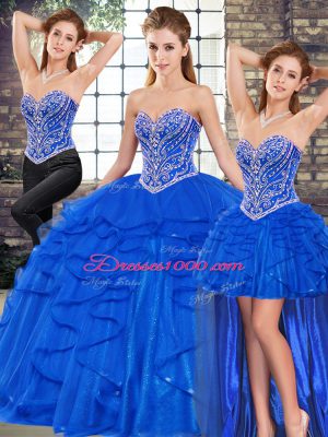 Low Price Three Pieces Quinceanera Dress Royal Blue Sweetheart Tulle Sleeveless Floor Length Lace Up