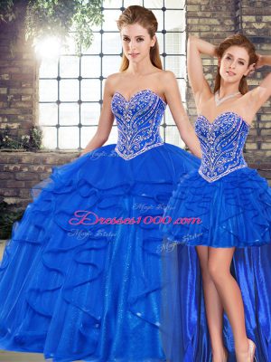 Low Price Three Pieces Quinceanera Dress Royal Blue Sweetheart Tulle Sleeveless Floor Length Lace Up