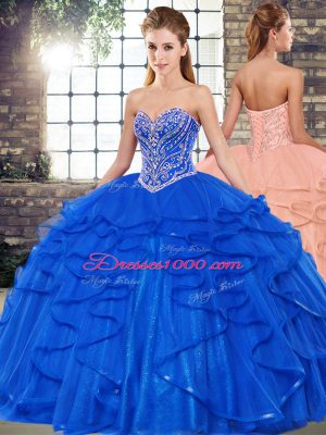 Low Price Three Pieces Quinceanera Dress Royal Blue Sweetheart Tulle Sleeveless Floor Length Lace Up