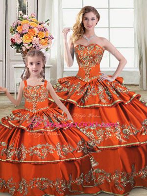 Simple Straps Sleeveless Vestidos de Quinceanera Floor Length Embroidery and Ruffled Layers Orange Satin and Organza