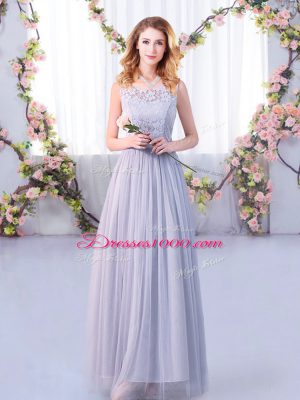 Modest Scoop Sleeveless Tulle Quinceanera Dama Dress Lace and Belt Side Zipper