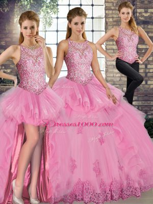 Lace and Embroidery and Ruffles Quinceanera Dresses Rose Pink Lace Up Sleeveless Floor Length