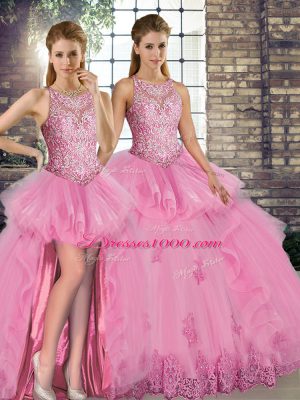 Lace and Embroidery and Ruffles Quinceanera Dresses Rose Pink Lace Up Sleeveless Floor Length