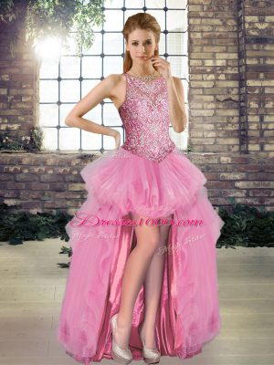 Lace and Embroidery and Ruffles Quinceanera Dresses Rose Pink Lace Up Sleeveless Floor Length