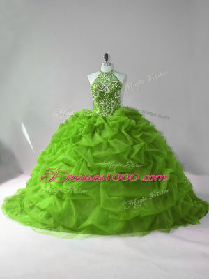 Low Price Organza Halter Top Sleeveless Court Train Lace Up Beading and Pick Ups Quinceanera Dresses in Green