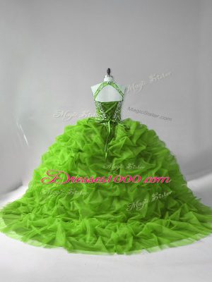 Low Price Organza Halter Top Sleeveless Court Train Lace Up Beading and Pick Ups Quinceanera Dresses in Green