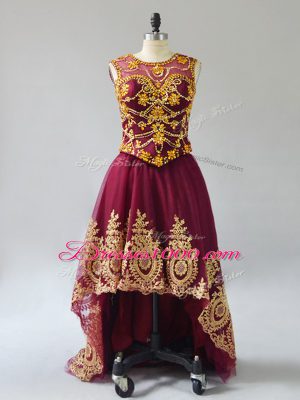 Flare Burgundy A-line Tulle Scoop Sleeveless Beading and Appliques High Low Lace Up Oscars Dresses