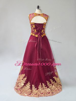 Flare Burgundy A-line Tulle Scoop Sleeveless Beading and Appliques High Low Lace Up Oscars Dresses