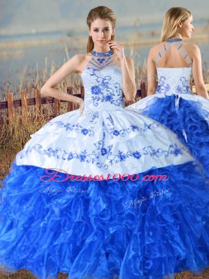 Artistic Sleeveless Organza Court Train Lace Up Quinceanera Dresses in Blue And White with Embroidery and Ruffles