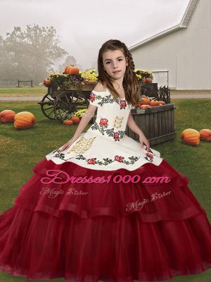 Wine Red Straps Lace Up Embroidery Little Girl Pageant Gowns Sleeveless