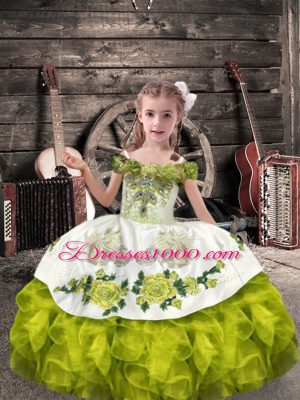 Custom Made Sleeveless Organza Floor Length Lace Up Party Dress for Toddlers in Olive Green with Beading and Embroidery and Ruffles