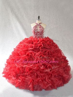 Wonderful Red Sleeveless Organza Brush Train Lace Up 15 Quinceanera Dress for Sweet 16 and Quinceanera