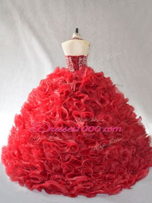 Wonderful Red Sleeveless Organza Brush Train Lace Up 15 Quinceanera Dress for Sweet 16 and Quinceanera