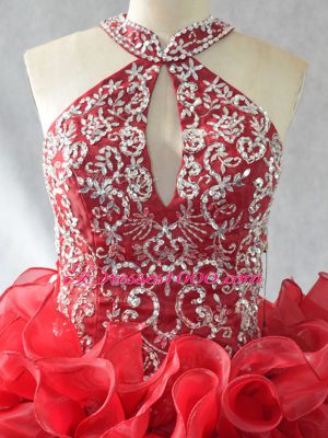 Wonderful Red Sleeveless Organza Brush Train Lace Up 15 Quinceanera Dress for Sweet 16 and Quinceanera