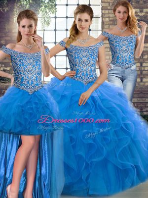 Sleeveless Beading and Ruffles Lace Up Sweet 16 Quinceanera Dress with Blue Brush Train