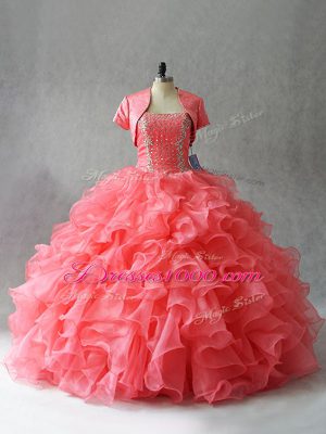 Fashionable Watermelon Red Ball Gowns Beading Quinceanera Gown Lace Up Organza and Tulle Sleeveless Floor Length