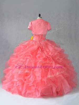 Fashionable Watermelon Red Ball Gowns Beading Quinceanera Gown Lace Up Organza and Tulle Sleeveless Floor Length