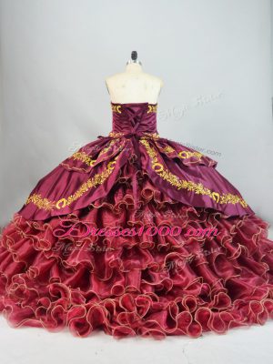 Dramatic Sweetheart Sleeveless Satin and Organza Little Girl Pageant Gowns Embroidery and Ruffled Layers Brush Train Lace Up