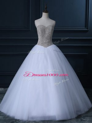 Fashionable Floor Length White Wedding Dresses Tulle Sleeveless Beading and Bowknot