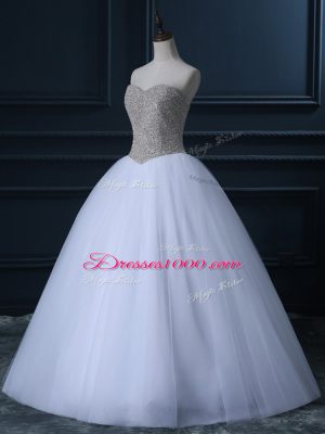 Fashionable Floor Length White Wedding Dresses Tulle Sleeveless Beading and Bowknot