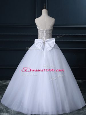 Fashionable Floor Length White Wedding Dresses Tulle Sleeveless Beading and Bowknot