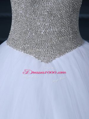 Fashionable Floor Length White Wedding Dresses Tulle Sleeveless Beading and Bowknot