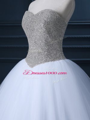Fashionable Floor Length White Wedding Dresses Tulle Sleeveless Beading and Bowknot