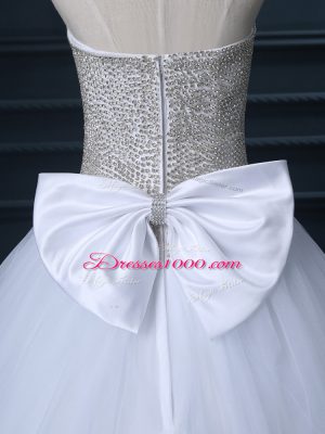Fashionable Floor Length White Wedding Dresses Tulle Sleeveless Beading and Bowknot