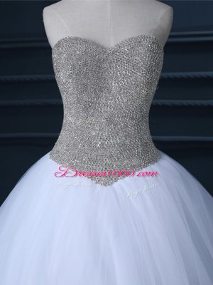 Fashionable Floor Length White Wedding Dresses Tulle Sleeveless Beading and Bowknot