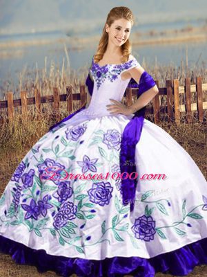 Sleeveless Floor Length Embroidery and Ruffles Lace Up 15th Birthday Dress with White And Purple