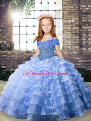 Blue Ball Gowns Beading and Ruffled Layers Girls Pageant Dresses Lace Up Organza Sleeveless